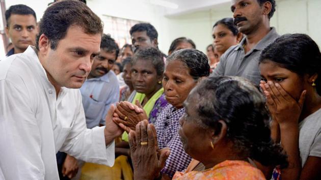 Congress president Rahul Gandhi interacts with the flood-affected people at a relief camp in Chengannur, Alapuzha, Kerala on August 28, 2018. (PTI Photo) Congress president Rahul Gandhi interacts with the flood-affected people at a relief camp in Chengannur, Alapuzha, Kerala on August 28, 2018. (PTI Photo)