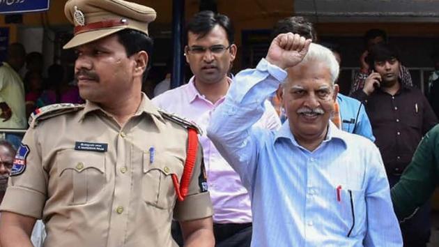 Revolutionary writer P Varavara Rao after a medical chek-up following his arrest by the Pune police in connection with the Bhima Koregaon case, in Hyderabad on Tuesday.(PTI Photo)