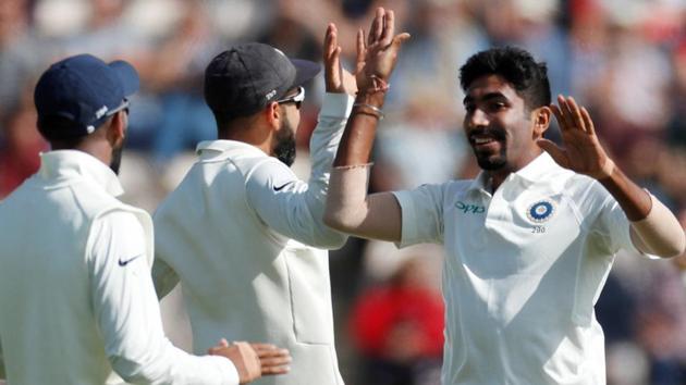 India's Jasprit Bumrah celebrates taking the wicket of England's Keaton Jennings on Day 1 of the fourth Test in Southampton.(Action Images via Reuters)