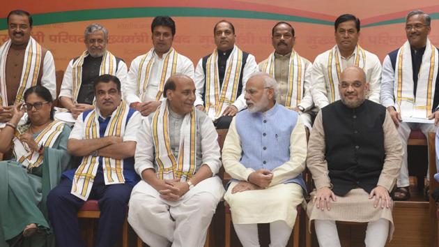 Prime Minister Narendra Modi, Union minister of home affairs Rajnath Singh and BJP national president Amit Shah during the BJP chief ministers' council meeting in New Delhi, August 28 (Sonu Mehta/HT PHOTO) Prime Minister Narendra Modi, Union minister of home affairs Rajnath Singh and BJP national president Amit Shah during the BJP chief ministers' council meeting in New Delhi, August 28 (Sonu Mehta/HT PHOTO)