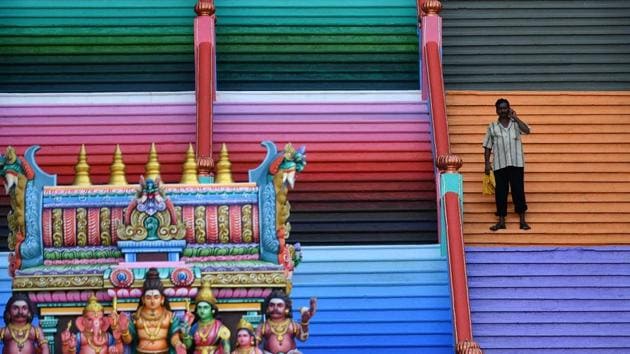 The newly-painted 272-steps staircase leading to Malaysia's Batu Caves Hindu temple in Kuala Lumpur on Thursday. (AFP photo) The newly-painted 272-steps staircase leading to Malaysia's Batu Caves Hindu temple in Kuala Lumpur on Thursday. (AFP photo)