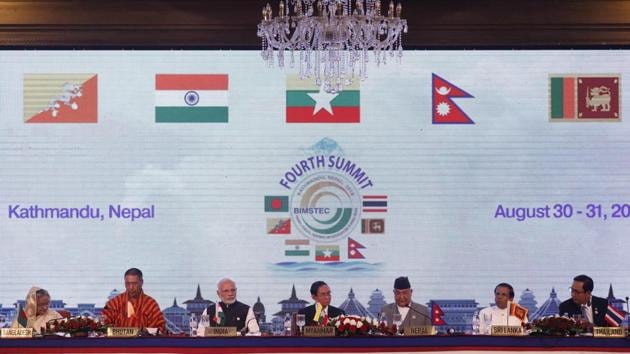 (L-R) Bangladesh Prime Minister Sheikh Hasina along with Chief Justice and Chief Advisor of the interim government of Bhutan Dasho Tshering Wangchuk, India's Prime Minister Narendra Modi, Myanmar's President Win Myint, Nepal's Prime Minister Khadga Prasad Sharma Oli, Sri Lanka's President Maithripala Sirisena and Thailand's Prime Minister Prayut Chan-o-cha attend the Bay of Bengal Initiative for Multi-Sectoral Technical and Economic Cooperation (BIMSTEC) summit in Kathmandu on August 30, 2018. (AFP) (L-R) Bangladesh Prime Minister Sheikh Hasina along with Chief Justice and Chief Advisor of the interim government of Bhutan Dasho Tshering Wangchuk, India's Prime Minister Narendra Modi, Myanmar's President Win Myint, Nepal's Prime Minister Khadga Prasad Sharma Oli, Sri Lanka's President Maithripala Sirisena and Thailand's Prime Minister Prayut Chan-o-cha attend the Bay of Bengal Initiative for Multi-Sectoral Technical and Economic Cooperation (BIMSTEC) summit in Kathmandu on August 30, 2018. (AFP)
