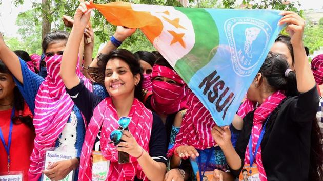 Preparations for students' union elections have well begun. NSUI supporters seen here canvassing at Maharani College campus on Wednesday.(HT File Photo)