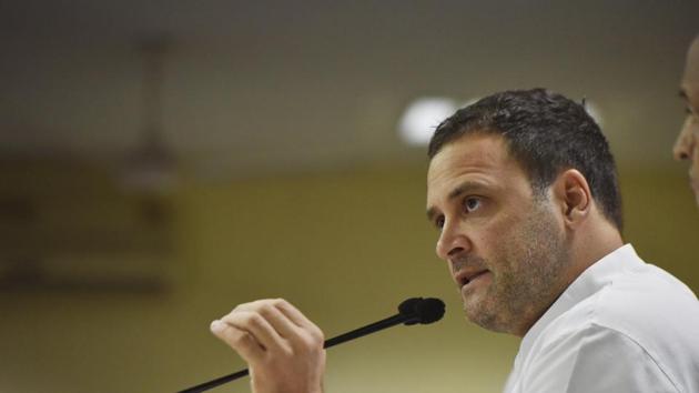 Congress president Rahul Gandhi addresses a press conference on demonetisation and Rafale Deal, at AICC headquarters, Akbar Road, in New Delhi, India. (Vipin Kumar/HT PHOTO) Congress president Rahul Gandhi addresses a press conference on demonetisation and Rafale Deal, at AICC headquarters, Akbar Road, in New Delhi, India. (Vipin Kumar/HT PHOTO)