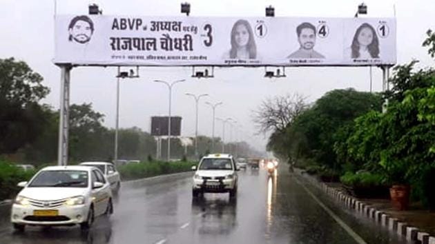 Hoardings of candidates contesting Rajasthan University Students Union election this year.(HT Photo)