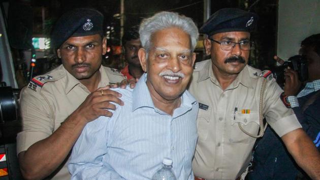 Varavara Rao, arrested in connection with the Bhima Koregaon case, being produced at a court in Pune on Wednesday, Aug 29, 2018. (PTI) Varavara Rao, arrested in connection with the Bhima Koregaon case, being produced at a court in Pune on Wednesday, Aug 29, 2018. (PTI)