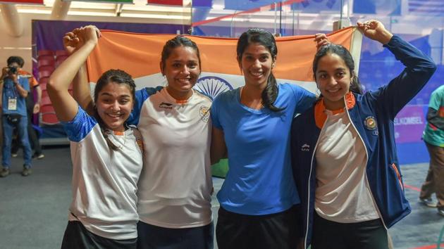 India's Sunayna Kuruvilla, Dipika Pallikal Karthik, Joshana Chinappa and Tanvi Khanna celebrate after winning the women's squash. (PTI) India's Sunayna Kuruvilla, Dipika Pallikal Karthik, Joshana Chinappa and Tanvi Khanna celebrate after winning the women's squash. (PTI)