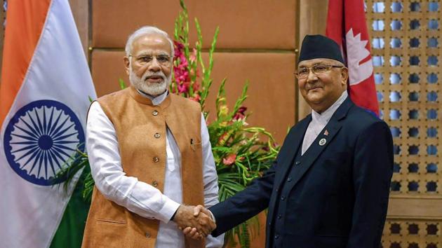 Prime Minister Narendra Modi shakes hands with Prime Minister of Nepal K P Sharma Oli at a meeting on the sidelines of the 4th BIMSTEC Summit, in Kathmandu on Friday, August 31, 2018.(PTI)