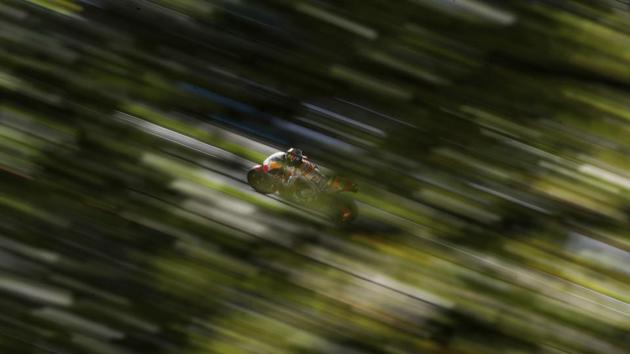 Repsol Honda’s Spanish rider Dani Pedrosa races during a practice session ahead of the British Grand Prix MotoGP at Silverstone, England. (David Davies / PA via AP)