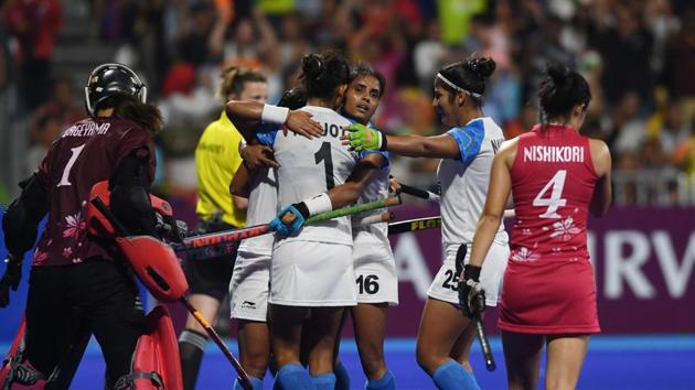 India's players celebrate after score a goal against Japan during the women's field hockey final match between India and Japan. (AFP) India's players celebrate after score a goal against Japan during the women's field hockey final match between India and Japan. (AFP)