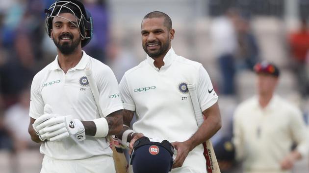 K. L. Rahul (L) and Shikhar Dhawan smile as they walk off the pitch at the end of the first day of the 4th cricket test match between England and India at the Ageas Bowl in Southampton, England. (Alastair Grant / AP) K. L. Rahul (L) and Shikhar Dhawan smile as they walk off the pitch at the end of the first day of the 4th cricket test match between England and India at the Ageas Bowl in Southampton, England. (Alastair Grant / AP)