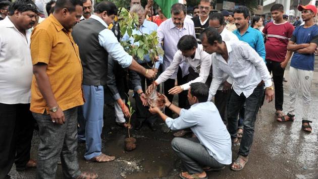 The Congress party thought of a novel way of grabbing the attention of authorities over the innumerable potholes that have developed on the roads. Here, the party members are seen planting a sapling in a pothole at Jedhe chowk, Swargate on Tuesday. (HT PHOTO) 