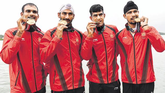 (From left) The Indian men’s team comprising Sawarn Singh, Dattu Bhokanal, Om Prakash and Sukhmeet Singh won the gold medal in the men’s quadruple sculls event at the 18th Asian Games in Indonesia. Out of the 34 rowers at the Asian Games, 33 are from the Indian Army and several returned to their training centre at the College of Engineering Pune (COEP) on Monday. (HT PHOTO) (From left) The Indian men’s team comprising Sawarn Singh, Dattu Bhokanal, Om Prakash and Sukhmeet Singh won the gold medal in the men’s quadruple sculls event at the 18th Asian Games in Indonesia. Out of the 34 rowers at the Asian Games, 33 are from the Indian Army and several returned to their training centre at the College of Engineering Pune (COEP) on Monday. (HT PHOTO)