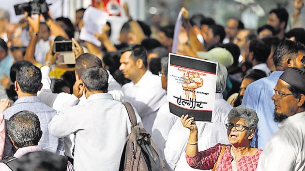 Members of various social groups in Pune staged a ‘protest against fascism’ to condemn arrests of five activists from different states in the country by the Pune police. The protest was held outside the Pune collectorate on Thursday. (RAHUL RAUT/HT PHOTO) Members of various social groups in Pune staged a ‘protest against fascism’ to condemn arrests of five activists from different states in the country by the Pune police. The protest was held outside the Pune collectorate on Thursday. (RAHUL RAUT/HT PHOTO)