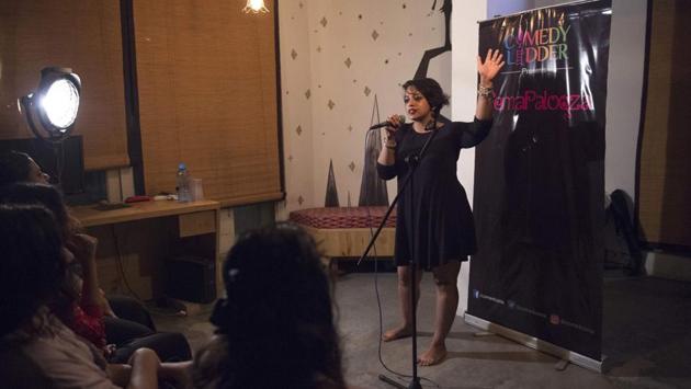 First-time performer Naomi Barton said she is more comfortable sharing her jokes with a women-only crowd, with no pressure to please men. “When I talk about PMS (premenstrual syndrome) and how it affects my mental health, landing me in funny situations, a woman will get it,” said Barton, a digital publisher with a major firm. (Noemi Cassanelli / AFP) First-time performer Naomi Barton said she is more comfortable sharing her jokes with a women-only crowd, with no pressure to please men. “When I talk about PMS (premenstrual syndrome) and how it affects my mental health, landing me in funny situations, a woman will get it,” said Barton, a digital publisher with a major firm. (Noemi Cassanelli / AFP)