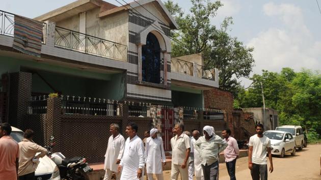 A view of the house in which three members of a family were found dead, in Brijpura village of Pataudi, around 43 kilometers from Gurugram, on Wednesday, August 29, 2018. A one-year-old girl, who had suffered serious injuries, died in the hospital, the police said.(Parveen Kumar / HT Photo)