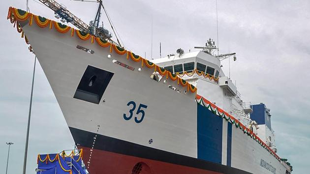 The third Coast Guard Offshore Patrol Vessel (OPV) seen anchored at L&T Shipyard, Kattupalli near Chennai. (PTI) The third Coast Guard Offshore Patrol Vessel (OPV) seen anchored at L&T Shipyard, Kattupalli near Chennai. (PTI)