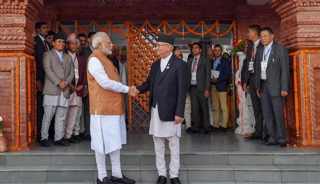 Prime Minister Narendra and Prime Minister of Nepal K.P. Sharma Oli shake hands at the inauguration of the 'Pashupati Nath Dharamshala' at Tilganga in Kathmandu, Nepal on Friday, August 31, 2018. (PTI) Prime Minister Narendra and Prime Minister of Nepal K.P. Sharma Oli shake hands at the inauguration of the 'Pashupati Nath Dharamshala' at Tilganga in Kathmandu, Nepal on Friday, August 31, 2018. (PTI)