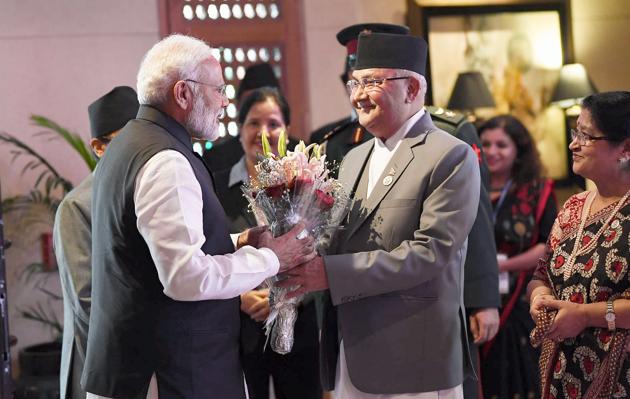 Prime Minister Narendra Modi being received by the Prime Minister of Nepal KP Sharma Oli, at the inaugural session of the 4th BIMSTEC Summit in Kathmandu, Nepal, August 30(PTI)