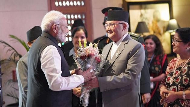 Kathmandu: Prime Minister Narendra Modi being received by the Prime Minister of Nepal K.P. Sharma Oli, at the inaugural session of the 4th BIMSTEC Summit, in Kathmandu, Nepal on Thursday, August 30, 2018. (PIB Photo via PTI) (PTI8_30_2018_000251B)(PTI)
