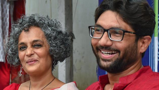 Activists Arundhati Roy, Jignesh Mewani, Prashant Bhushan and others condemned the police action.(PTI) Activists Arundhati Roy, Jignesh Mewani, Prashant Bhushan and others condemned the police action.(PTI)