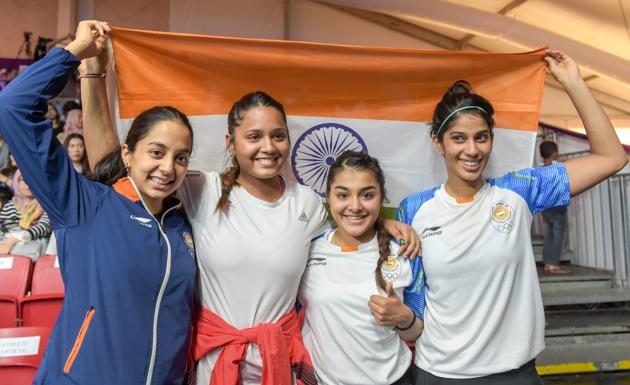 India's women squash team (L-R) Tanvi Khanna, Dipika Pallikal Karthik, Sunayna Kuruvilla and Joshana Chinappa celebrate after winning silver medal. (PTI) India's women squash team (L-R) Tanvi Khanna, Dipika Pallikal Karthik, Sunayna Kuruvilla and Joshana Chinappa celebrate after winning silver medal. (PTI)