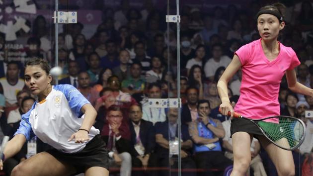 India's Sunyna Kuruvilla, left, and Hong Kong's Ho Tze Lok, right, compete during the women's team squash final match. (AP) India's Sunyna Kuruvilla, left, and Hong Kong's Ho Tze Lok, right, compete during the women's team squash final match. (AP)