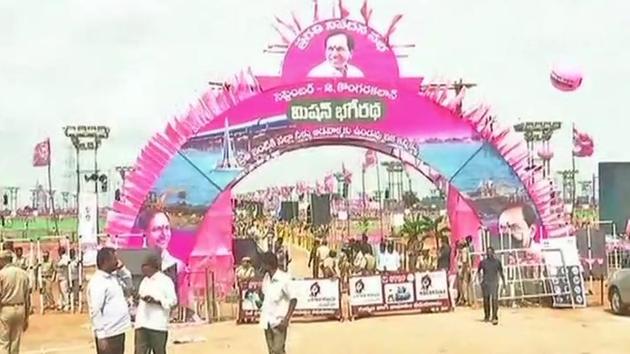 The venue of the Telangana Rashtra Samithi (TRS) rally, in Ranga Reddy district. (ANI Photo) The venue of the Telangana Rashtra Samithi (TRS) rally, in Ranga Reddy district. (ANI Photo)