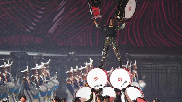 Indonesian police perform during the closing ceremony of the 2018 Asian Games at the Gelora Bung Karno main stadium. (AFP)
