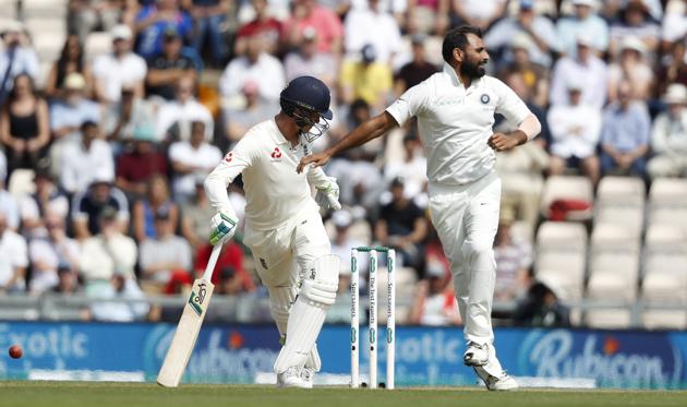 After many close shaves, Mohammed Shami finally got rid of Keaton Jennings just on the stroke of lunch (AP) After many close shaves, Mohammed Shami finally got rid of Keaton Jennings just on the stroke of lunch (AP)