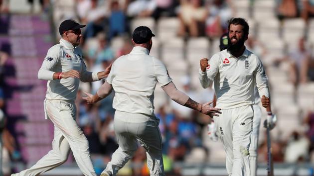 England's Moeen Ali celebrates taking the wicket of India's Ajinkya Rahane . (REUTERS) England's Moeen Ali celebrates taking the wicket of India's Ajinkya Rahane . (REUTERS)