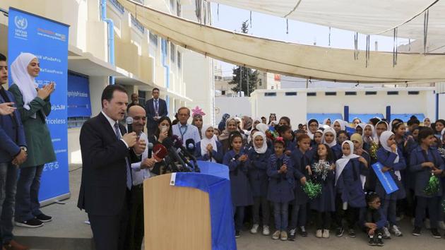 Pierre Krähenbühl, Commissioner-General of the United Nations Relief and Works Agency for Palestine Refugees (UNRWA), speaks during a ceremony to mark the return to school at one of the UNRWA schools at a Palestinian refugee camp Al-Wehdat, in Amman, Jordan, Sunday, Sept. 2, 2018. (AP) Pierre Krähenbühl, Commissioner-General of the United Nations Relief and Works Agency for Palestine Refugees (UNRWA), speaks during a ceremony to mark the return to school at one of the UNRWA schools at a Palestinian refugee camp Al-Wehdat, in Amman, Jordan, Sunday, Sept. 2, 2018. (AP)