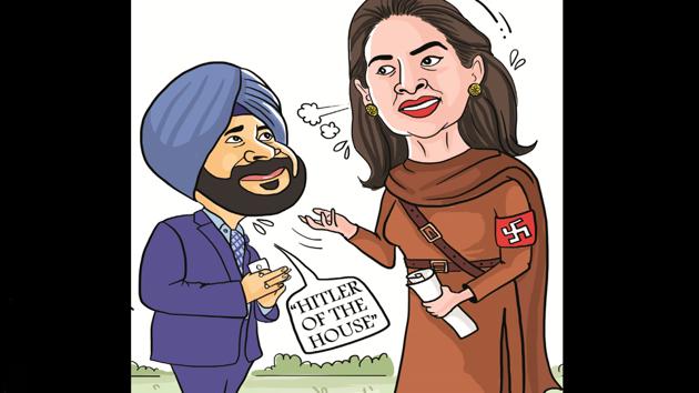 When Kaur was returning to her seat after delivering the speech, Sidhu got up, bowed down with folded hands and got a pat from her. (Illustration by Daljeet Kaur Sandhu/HT) When Kaur was returning to her seat after delivering the speech, Sidhu got up, bowed down with folded hands and got a pat from her. (Illustration by Daljeet Kaur Sandhu/HT)