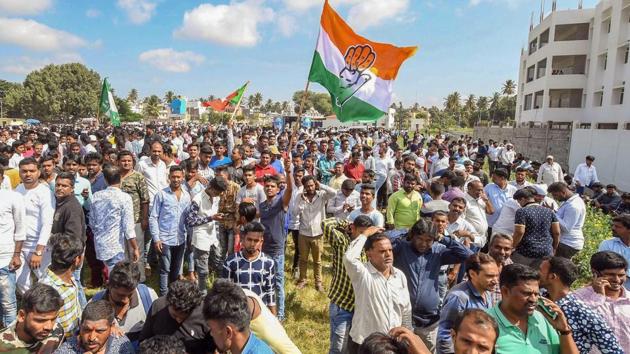 Congress party workers celebrate party’s win in Karnataka civic body polls, in Mysuru on September 3. (PTI Photo) Congress party workers celebrate party’s win in Karnataka civic body polls, in Mysuru on September 3. (PTI Photo)