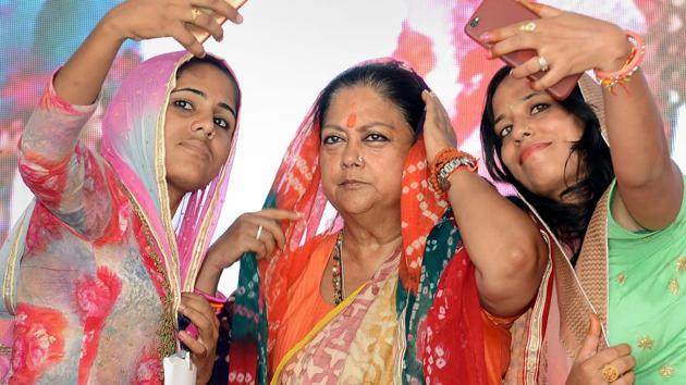 Women take selfie with Rajasthan Chief Minister Vasundhara Raje during 'Rajasthan Gaurav Yatra' at Baytu, near Barmer on Sunday, Sept 2, 2018. (PTI) Women take selfie with Rajasthan Chief Minister Vasundhara Raje during 'Rajasthan Gaurav Yatra' at Baytu, near Barmer on Sunday, Sept 2, 2018. (PTI)