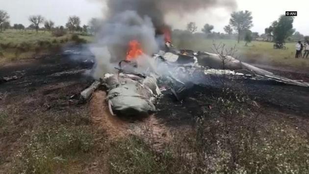 An Indian Air Force aircraft that had taken off from the IAF’s Jodhpur airbase crashed in Jodhpur’s Banad area in Rajasthan during a routine mission today morning. The pilot of the MiG 27 fighter jet is safe. (ANI) 