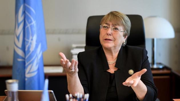 Former Chilean president Michelle Bachelet speaks from her office at the Palais Wilson on her first day as new United Nations (UN) High Commissioner for Human Rights in Geneva, Switzerland, September 3, 2018.(REUTERS)