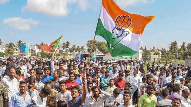 BCongress party workers celebrate their win in Karnataka Urban Local Body Election 2018, in Mysuru on Wednesday. (PTI Photo) BCongress party workers celebrate their win in Karnataka Urban Local Body Election 2018, in Mysuru on Wednesday. (PTI Photo)