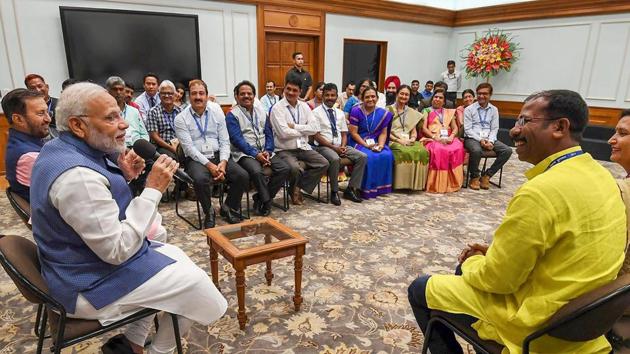 Prime Minister Narendra Modi interacts with the awardees of the National Teachers’ Award, on the eve of Teachers’ Day, in New Delhi on Tuesday. (PTI) Prime Minister Narendra Modi interacts with the awardees of the National Teachers’ Award, on the eve of Teachers’ Day, in New Delhi on Tuesday. (PTI)