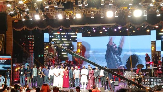 The cast and crew of Chekka Chivantha Vaanam at the audio launch of the movie.(Priyanka Sundar/HT Photo)