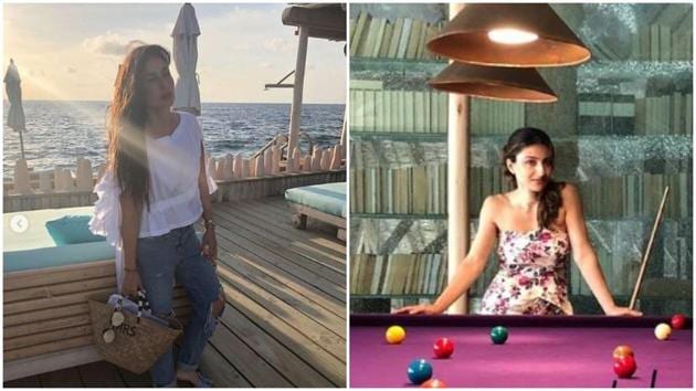 Kareena Kapoor poses in a frilly white top and Soha Ali Khan enjoys a game of snooker in Maldives. (Instagram) Kareena Kapoor poses in a frilly white top and Soha Ali Khan enjoys a game of snooker in Maldives. (Instagram)
