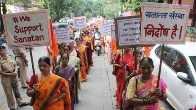 Hundreds of women take part in the protest organised by the Sanatan Sanstha Thane and Hindu Janjagruti Samiti in Thane on August 28.(Praful Gangurde/HT File Photo)
