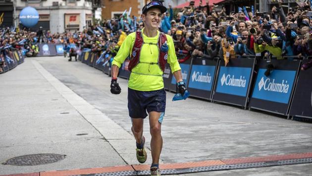 Xavier Thevenard, of France, reacts as he crosses the finish line to win the 2018 UTMB, in the center of Chamonix. A two-time winner of the race, Thevenard kept a time of 20:44:16 on his third crossing. (Laurent Cipriani / AP) Xavier Thevenard, of France, reacts as he crosses the finish line to win the 2018 UTMB, in the center of Chamonix. A two-time winner of the race, Thevenard kept a time of 20:44:16 on his third crossing. (Laurent Cipriani / AP)