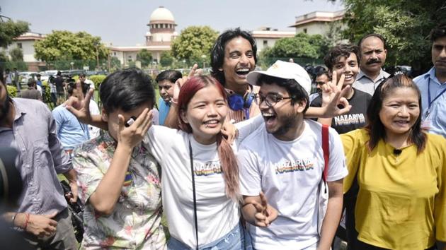 A five judge constitution bench, headed by Chief Justice of India Dipak Misra, had concluded hearings on this contentious issue and reserved its verdict on July 17. The court partially struck down Section 377 in so far as it penalises consensual sexual relationships between two adults. “Social morality cannot be used to violate the fundamental rights of even a single individual,” it said. (Sanchit Khanna / HT Photo)