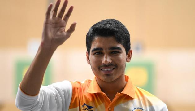 Saurabh Chaudhary celebrates after winning the men's 10m air pistol shooting final at the ISSF Shooting World Championship.(AFP)