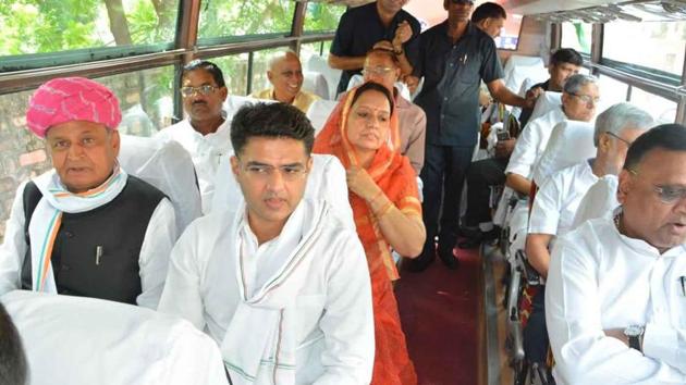 Congress national general secretary Ashok Gehlot and state president Sachin Pilot leave for the Vijay Sankalp rally in Pachpadra along with other other leaders on Wednesday. (HT Photo) Congress national general secretary Ashok Gehlot and state president Sachin Pilot leave for the Vijay Sankalp rally in Pachpadra along with other other leaders on Wednesday. (HT Photo)