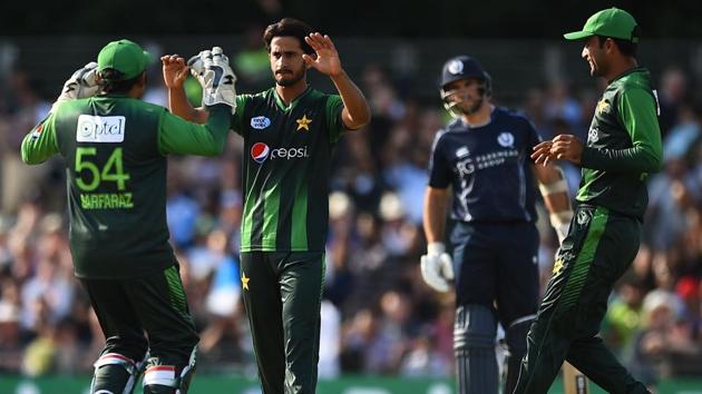 Pakistan's Hasan Ali (C) celebrates with Pakistan's Sarfraz Ahmed (L) after taking a wicket. (AFP) Pakistan's Hasan Ali (C) celebrates with Pakistan's Sarfraz Ahmed (L) after taking a wicket. (AFP)