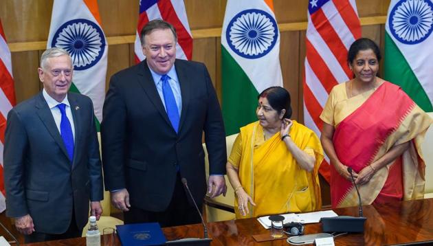 External affairs minister Sushma Swaraj and defence minister Nirmala Sitharam held wide-ranging talks with their US counterparts, Secretary of State Mike Pompeo and defence secretary Jim Mattis.(PTI Photo)