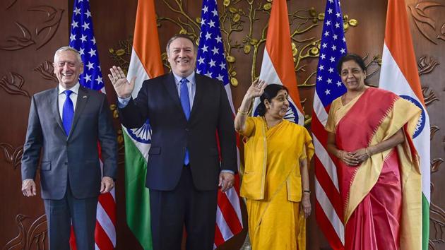 External affairs minister Sushma Swaraj, defence minister Nirmala Sitharaman (right) with US Secretary of State Mike Pompeo and US Secretary of Defence James Mattis (left) pose for a group photo before the start of India-US 2 + 2 Dialogue, in New Delhi, on September 6, 2018. (PTI) External affairs minister Sushma Swaraj, defence minister Nirmala Sitharaman (right) with US Secretary of State Mike Pompeo and US Secretary of Defence James Mattis (left) pose for a group photo before the start of India-US 2 + 2 Dialogue, in New Delhi, on September 6, 2018. (PTI)