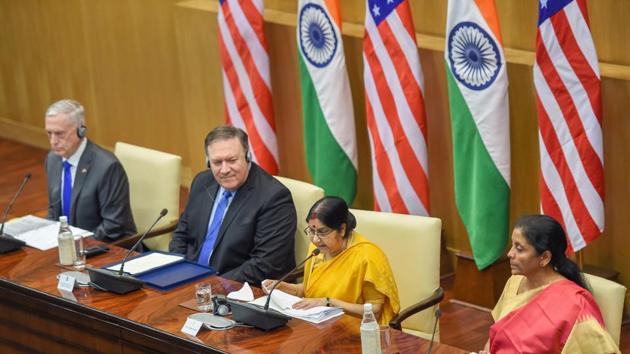 External Affairs Minister Sushma Swaraj, Defence Minister Nirmala Sitharaman, US Secretary of State Mike Pompeo and US Secretary of Defense James Mattis at the joint press conference after the India-US 2+2 Dialogue, in New Delhi on Thursday, Sept 6, 2018.(PTI Photo)